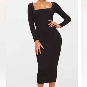 PrettyLittleThing Black Square Neck Long Sleeve Midaxi Dress